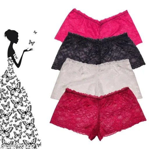 Floral Lace High Waist Boyshort Panty for Women (Pack of 4 Colors)